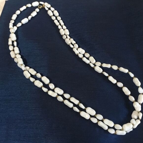White Acrylic & Goldtone Long Necklace - Picture 2 of 5